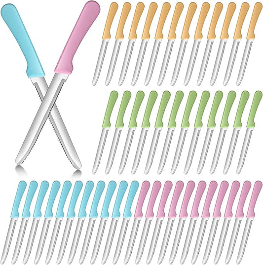 Geelin 50 Pieces 8.5 Inch Rounded Serrated Blade Steak Knives Stainless Steel Round Tip Blade Steak Knife with Plastic Handle for Kitchen Butter Cutlery Restaurant (Multicolor)