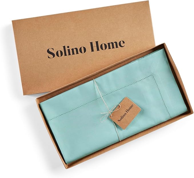 Solino Home Cotton Linen Tablecloth 52 x 52 Inch - Hemstitch Pastel Turquoise Square Tablecloth - Machine Washable Table Throw