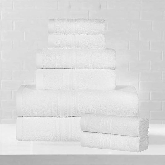 Superior Eco-Friendly Cotton 8-Piece Towel Set, Bathroom, Shower, Quick Dry Home Essentials, Lightweight, Sustainable Towels, 2 Bath, 2 Hand, 4 Face Towels, Washcloth, Highly Absorbent, White