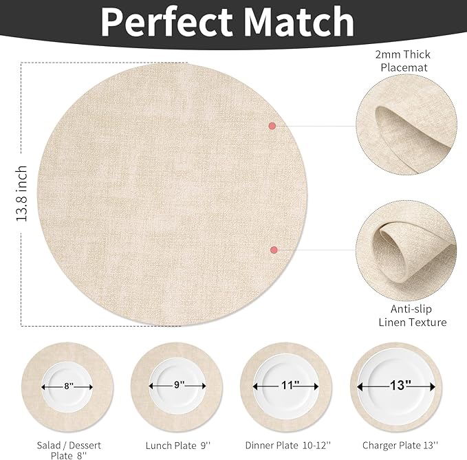 Maxpearl Round Placemats Set of 6, 13.8 inch Faux Leather Heat Resistant Table Mats, Non Slip Waterproof Wipeable Place Mats for Kitchen Dining Holiday Party Table Settings, Beige