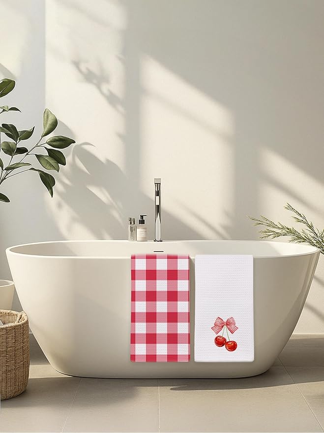2 Pack Red and White Checkered Hand Towels for Bathroom - Cute Cherry Dish Tea Towels for Kitchen Decor, Cottagecore Decorative Hand Towels for Guest Bathroom, Cherry Themed Housewarming Gift Idea