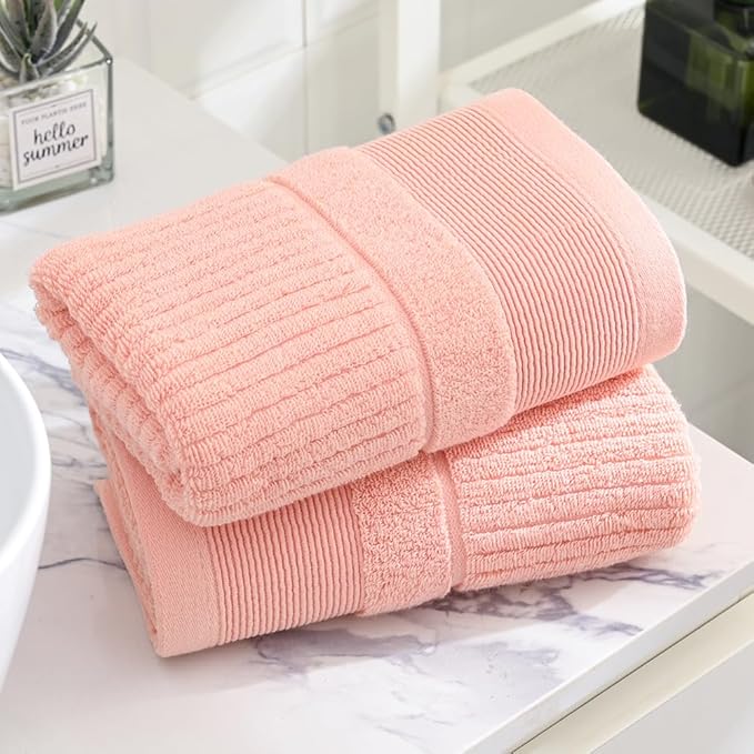 sense gnosis Pink Hand Towel Set of 2 Soft Absorbent Ribbed Striped Pattern 100% Cotton Hand Towel for Bathroom Decorative 13 x 29 Inch