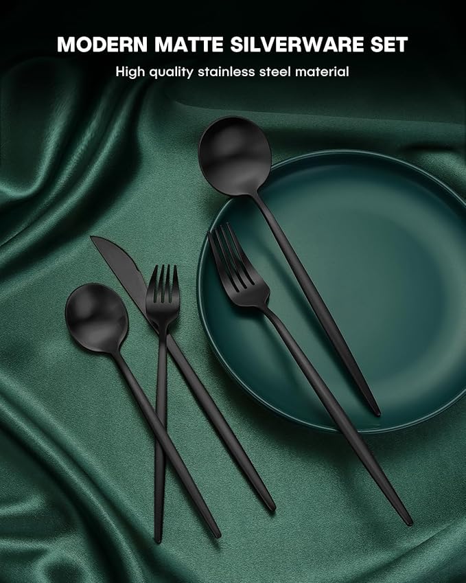 EUIRIO 60-Piece Silverware Set for 12, Stainless Steel Flatware Set Matte Black Grey, Modern Brushed Thick Cutlery Set with Spoons Forks and Knives, Utensil Set for Home Kitchen Hotel, Dishwasher Safe