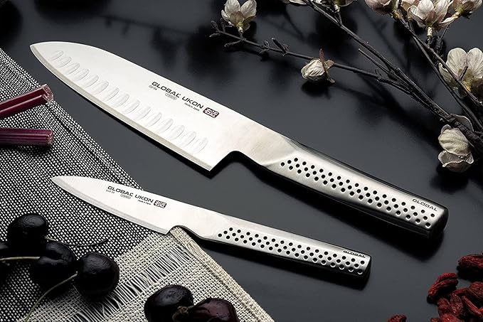 Global Ukon 4 Piece Steak Knife Set - Lightweight Japanese Stainless Steel, Razor Sharp Edge, Ambidextrous Thumb Rest, Made in Japan, GUF-31/4