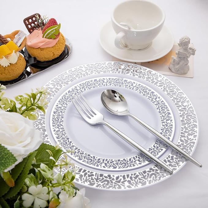 SUT 100Pcs Silver Plastic Silverware - Plastic Spoons and Forks, Disposable Silverware, Plastic Cutlery Set,50 Gold Plastic Forks, 50 Gold Plastic Spoons for Catering, Parties, Dinners, Weddings