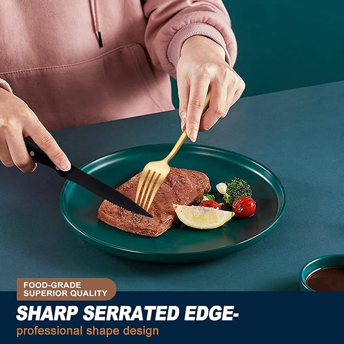 EUIRIO 48-Piece Matte Gold Silverware Set with Steak Knives, Gold Flatware Set for 8, Stainless Steel Forks and Spoons Silverware Sets, Gold Cutlery Utensils Set, Satin Finish & Dishwasher Safe