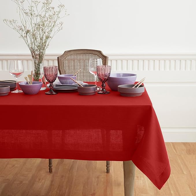 Solino Home Linen Red Tablecloth 60 x 102 Inch - 100% Pure Linen Rectangular Tablecloth - Machine Washable Table Cloth for Valentines, Holiday, Winter, New Year - Fete