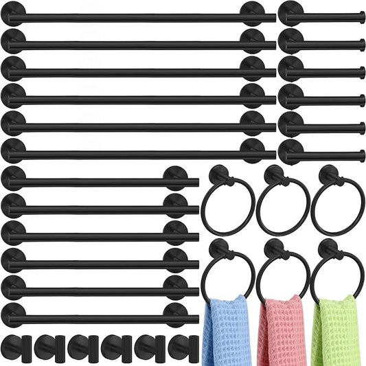 Gisafai 30 Pcs Bathroom Hardware Set, 23.6 Inch Brushed Towel Bar Ring Toilet Paper Holder Robe Towel Hook, SUS304 Stainless Steel Bathroom Accessory Set Wall Mounted (Black)