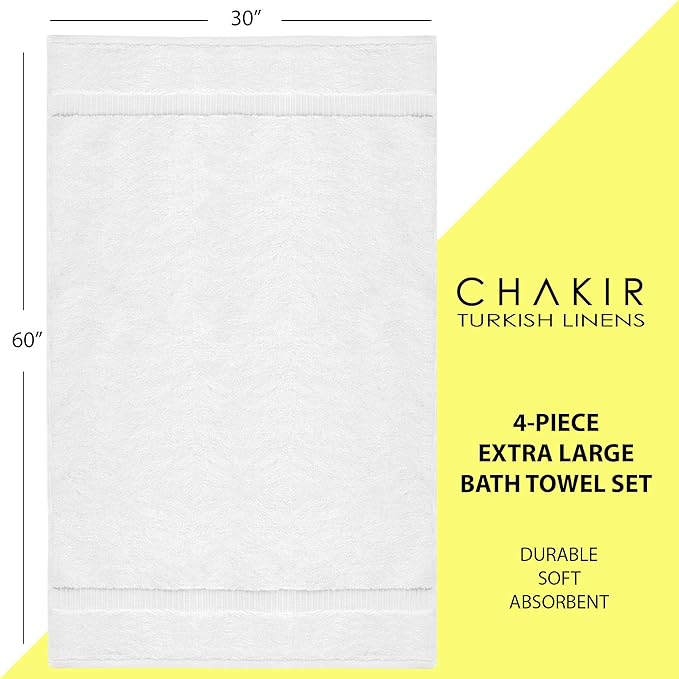 Chakir Turkish Linens | Hotel & Spa Quality 100% Cotton Luxury Turkish Towels | Soft & Absorbent (30x60 Inches Extra Large Bath Towels, Set of 4 - White)