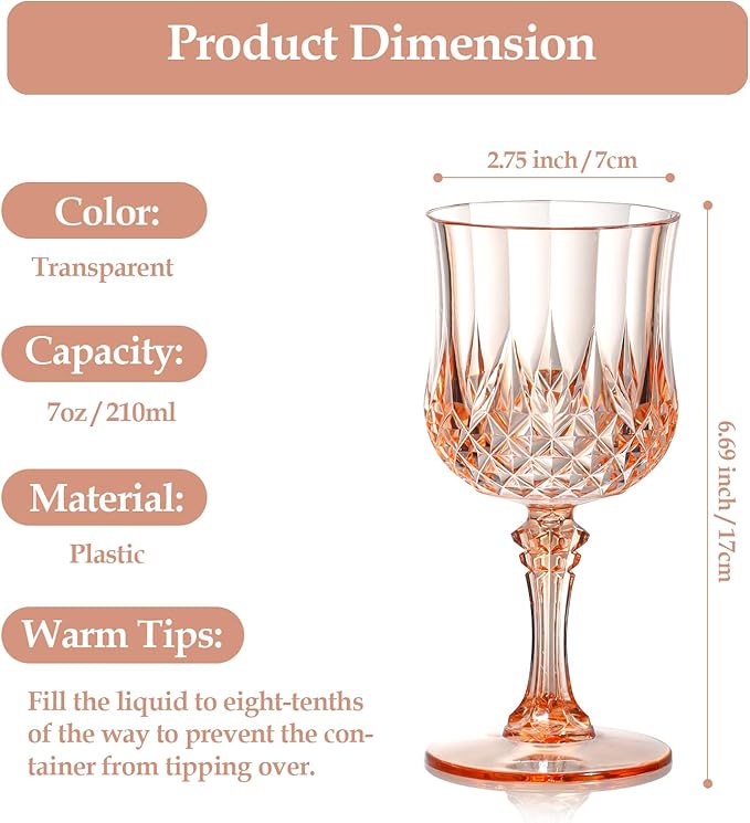 XUWAIDSGN 16 Pcs 7oz Plastic Vintage Wine Glasses Drinking Glasses Unbreakable Wedding Glassware Crystal Water Goblets Reusable Drinkware Vintage Champagne Flutes (16, Pink)