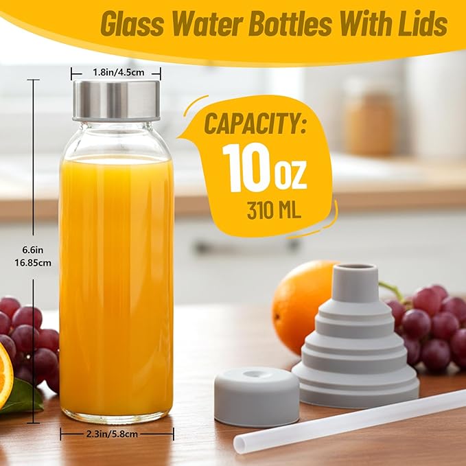 10 oz Clear Glass Bottle with Lid, Reusable Glass Water Bottles with Stainless Steel Cap & Straws for Juicing, Milk, Ginger & Smoothies, Refrigerator, Leak-Proof, Juice Containers Set of 6