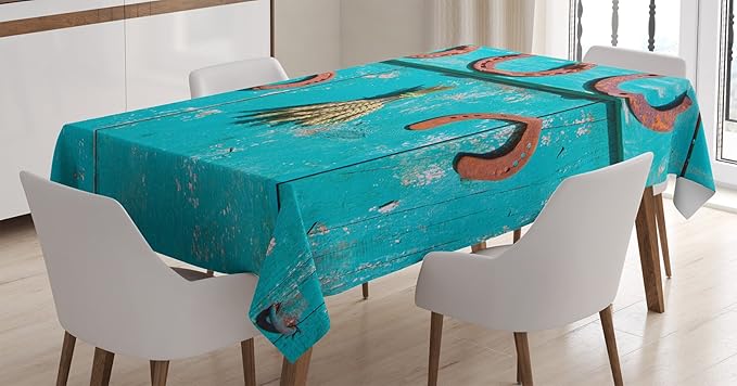Ambesonne Western Tablecloth, 5 Antique Rusty Luck Horseshoe and Wheat Ears Bunch Picture, Rectangular Table Cover for Dining Room Kitchen Decor, 60" X 84", Turquoise Brown