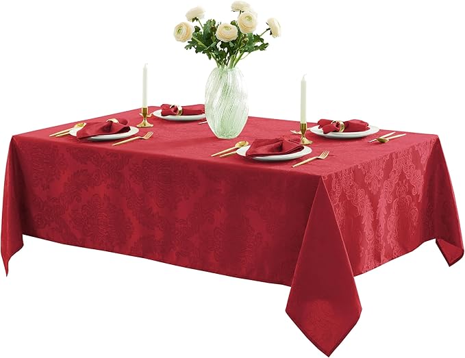 Newbridge Christmas Barcelona Damask Fabric Tablecloth, 60 x 120 Inch Rectangle, Red – No Iron, Soil Resistant Table Cover for Dining, Parties and Holidays
