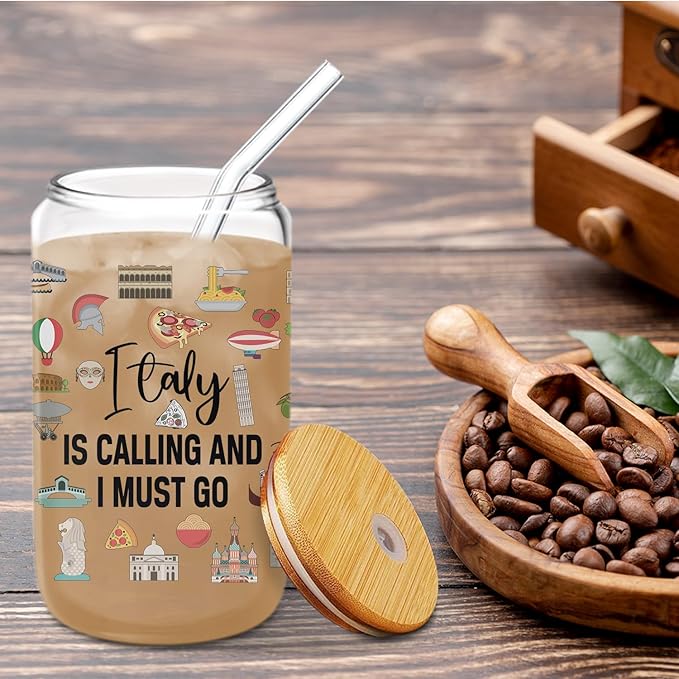 Italy Travel Essentials - Cute Glass Cup with Lids and Straws, 16 Oz Tumbler for Women's Birthday, Christmas, Travel Gifts