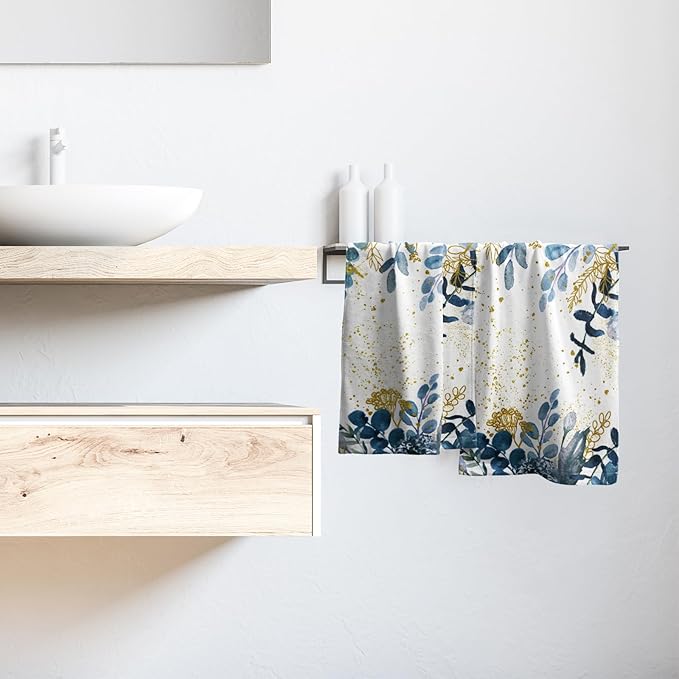 Imiss Navy Blue Eucalyptus Leaves Bathroom Towels 2Pcs, Watercolor Botanical Nature Plant Hand Fingertip Towel 14.4 x 28.3 Inch Multipurpose Kitchen Dish Cloth for Home Spa Yoga Sport Hotel