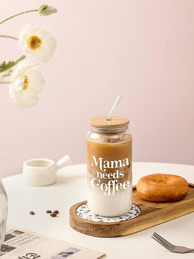 Christmas Gifts for Mom, 16 Oz Coffee Can Glass Cups, Drinking Cup with Lid and Straw, Moms Gift from Daughter and Son, Christmas Mothers Day Birthday Present Ideas for Mother, New Moms, Mom To Be