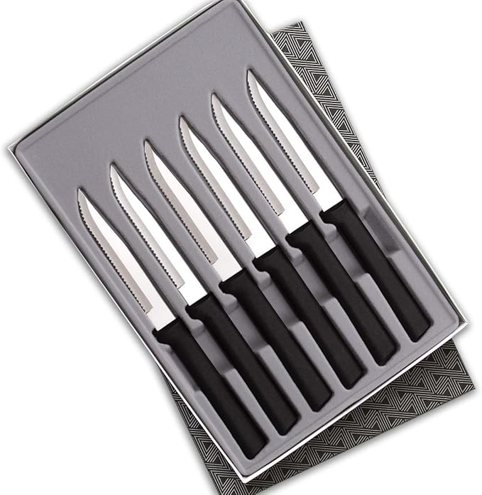 RADA Cutlery 6-Piece Serrated Steak Knife Gift Set (S6S), Stainless Steel Hollow Ground Blades, Made in USA, Black Handles, Pack of 2