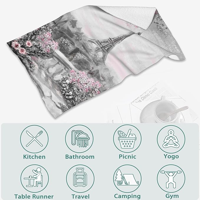 Eiffel Tower 2 Pack Hand Towels for Bath,Gray and Pink Rose and Leaf DecorativeTowels for Bathroom Kitchen Absorbent Soft Towels Face Towel 14x28 Inch