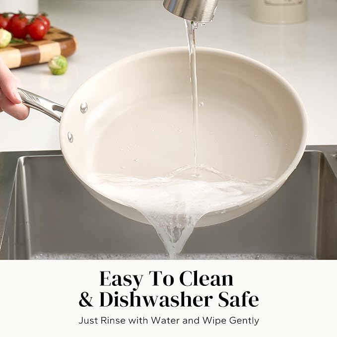 Redchef Nonstick Cookware Sets, Frying Pan Set with Tempered Glass Lids, Ceramic Cookware Set, Stay-Cool Handles, Dishwasher & Oven Safe, Compatible with All Cooktops, Beige (8+9.5+11 Inch)