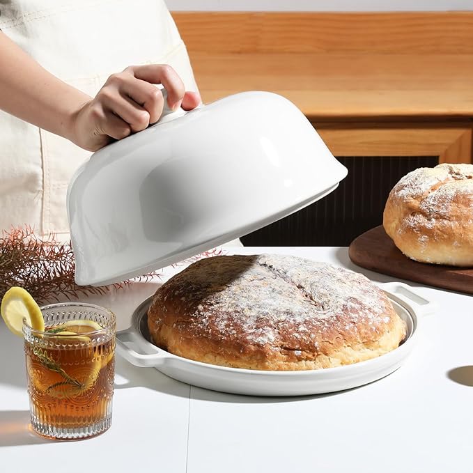 Sweejar Ceramic Bread Oven with Lid, Large Sourdough Bread Baking Pan with Handle, 5QT Porcelain Round Bread Cloche For Baking, Cooking, Roasting (Beige)