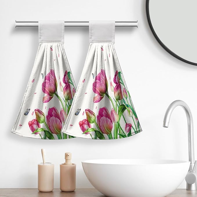 Pink Tulip Flower Hanging Kitchen Towels Spring Floral Hand Towels with Hanging Loop Set of 2 Decorative Summer Tea Towel Soft Absorbent Dish Tie Towels for Bathroom Kitchen 12x17 Inches