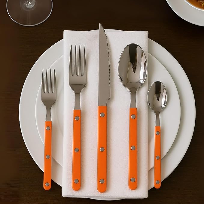Khen 20-Piece Cutlery Set with Dinner Knives, Forks, Spoons, Salad Forks & Teaspoons – Durable and Dishwasher Safe Utensil Set for Home, Kitchen, Parties & Special Occasions – Orange Handle