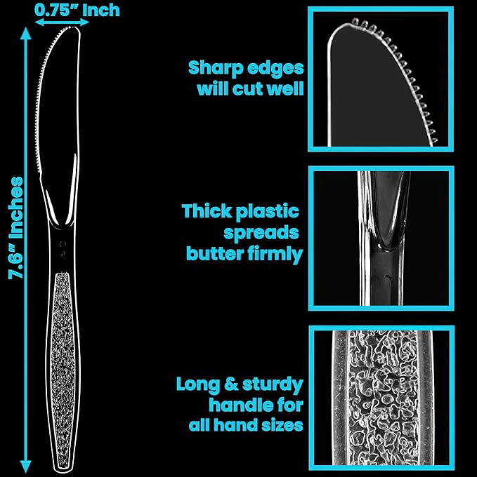 Lonezo [150 Count Plastic Knives Clear Plastic Knives Heavy Duty Shatter Resistant Disposable Knifes for Parties Picnic All Indoor Outdoor Activities