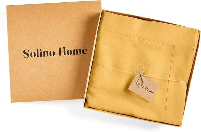 Solino Home Linen Tablecloth for Rectangle Tables 60 x 132 Inch - 100% Pure Linen Mustard Yellow Table Cloth - Fete, Machine Washable Cloth Tablecloth