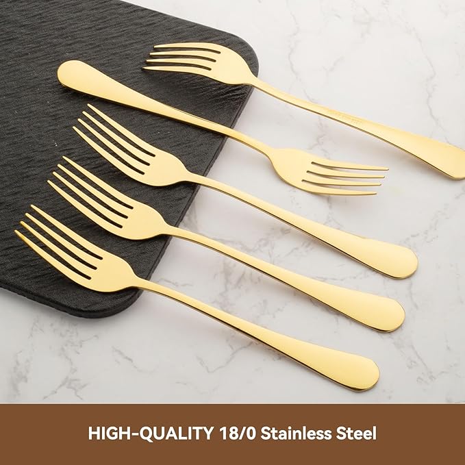 16 Piece Gold Dinner Forks Set 8 Inch Food-Grade Stainless Steel Silverware Forks Cutlery Forks for Home Kitchen or Restaurant Mirror Polished Dishwasher Safe (Gold)