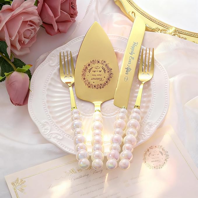 4 Piece Wedding Cake Cutting Set, Knife and Server with Forks, Elegant Wedding Cake Knife and Server Set for Bride and Groom(Pearl Handle Gold)