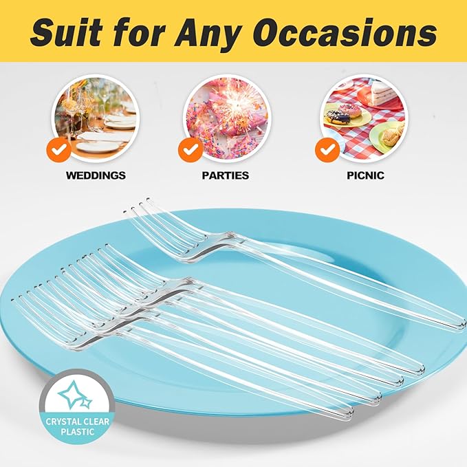 POSATE Heavy Duty Plastic Forks - Food-Grade Disposable Material, Clear, Pack of 30