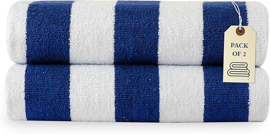 LANE LINEN 100% Cotton Beach Towel - 2 Pack Beach Towels Oversized, Cabana Stripe Large Beach Towel, Soft & Quick Dry Pool Towels, Beach Essentials for Women, Quick Dry Towel (36" x 72”) - Blue