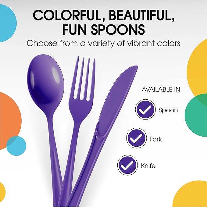 Party Solids Purple Plastic Spoons 200 Pieces Purple Spoons Disposable Utensils Heavy Duty Plastic Cutlery Set Disposable Cutlery Sets Flatware Sets Silverware Set Party Supplies & Party Tableware