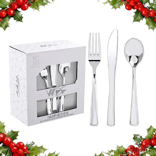 WDF 160 Pieces Silver Plastic Silverware - Silver Disposable Silverware - Plastic Silverware Heavy Duty - 80 Forks 40 Knives 40 Spoons - Disposable Cutlery Perfect for Christmas Wedding/Party