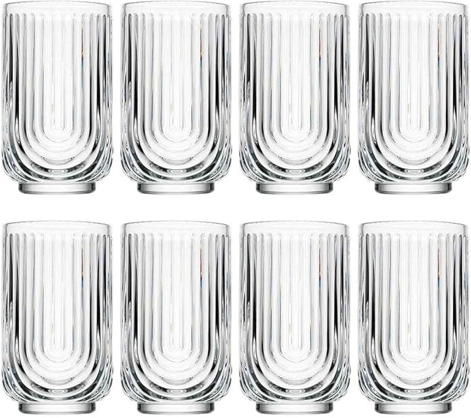 Glaver's Drinking Glasses Set of 8. 17oz Vintage Drinking Cups. Ripple Cocktail Glasses, Ribbed Drinking Highball Glass Cups. Arch Designed Art Deco Glassware for Water Juice Coffee. Package may Vary