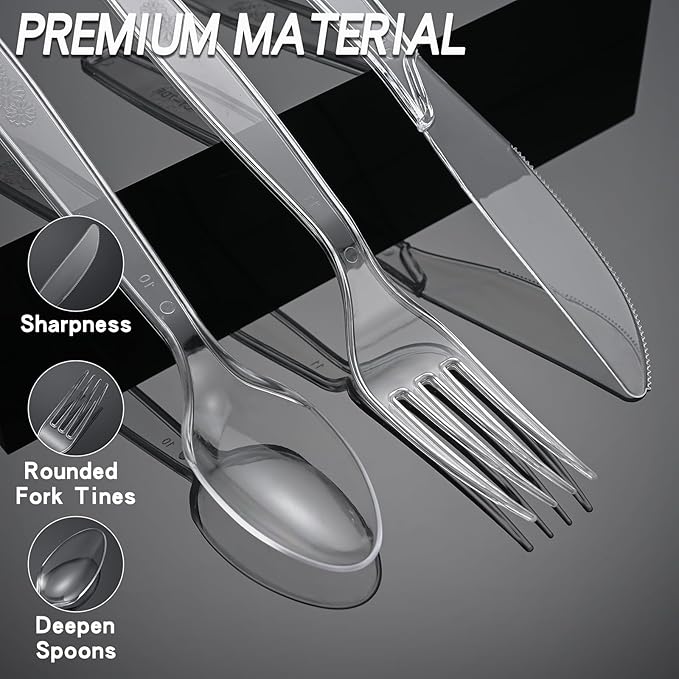 350pc Heavy Duty Plastic Silverware Set: 150 Forks/150 Spoons/50 Knives | Commercial Plastic Forks Spoons Knives BPA-Free & Temp-Resistant | Bulk Disposable for Party Catering Events