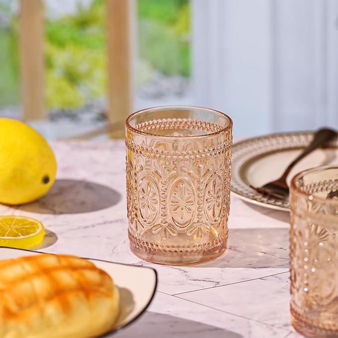 6 Pack Amber Glassware Set, 10oz Vintage Drinking Glasses, Colored Water Glasses, Amber Embossed Glass Cups for Party Wedding Home Office Gift