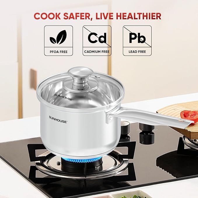 SUNHOUSE – 1.5 Quart Stainless Steel Sauce Pan with Lid - PFOA-FREE, High Stainless Steel Sauce Pan, Induction base, Stay-Cool Handle, Compatible with All Cooktops Gas, Geramic, Electric etc.