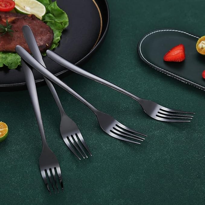 Black Dinner Forks 6 Piece, Stainless Steel 8'' Forks Silverware Set, Dessert Forks, Table Forks, Salad Forks for Home, Kitchen or Restaurant, Dishwasher Safe