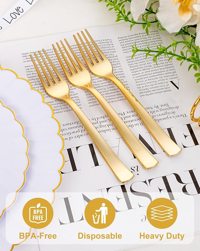 YOUBET 50PCS Gold Plastic Forks - Heavy Duty Plastic Forks - Solid Durable Gold Disposable Silverware for Party Picnic Wedding and Daily Use & Christmas