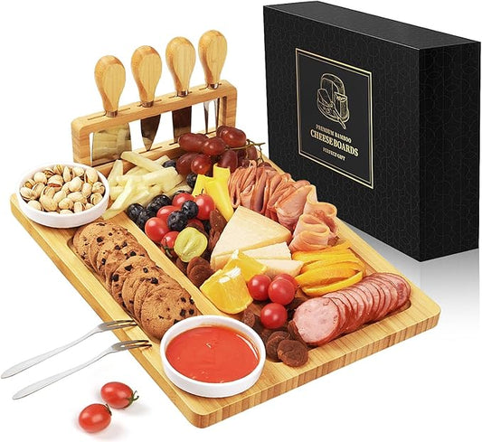 Bamboo charcuterie boards Gift Set - Serving Meat Cheese Board, Charcuterie Board Set with 4 Stainless Steel Cheese Knife, Ideal for House Warming Gifts New Home, Christmas, Bridal Shower Gift