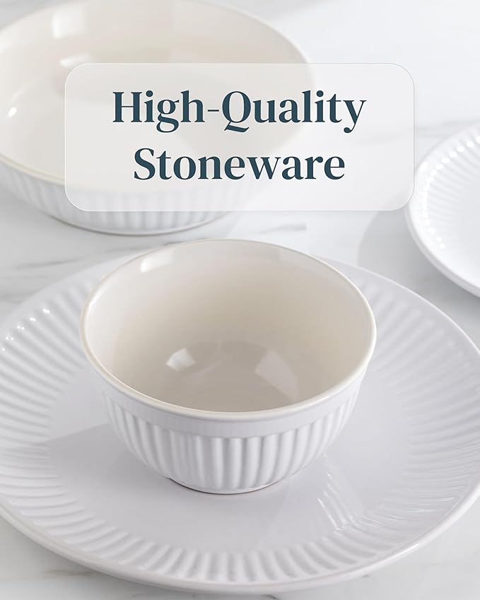 Stoneware Dinnerware Set for 8 People HYGGE 24-Piece - Elegant Scandi Design - Premium Dish Set - Bowl and Plate Set - Tableware for 8 People in a Ribbed Design - Pure Living in White