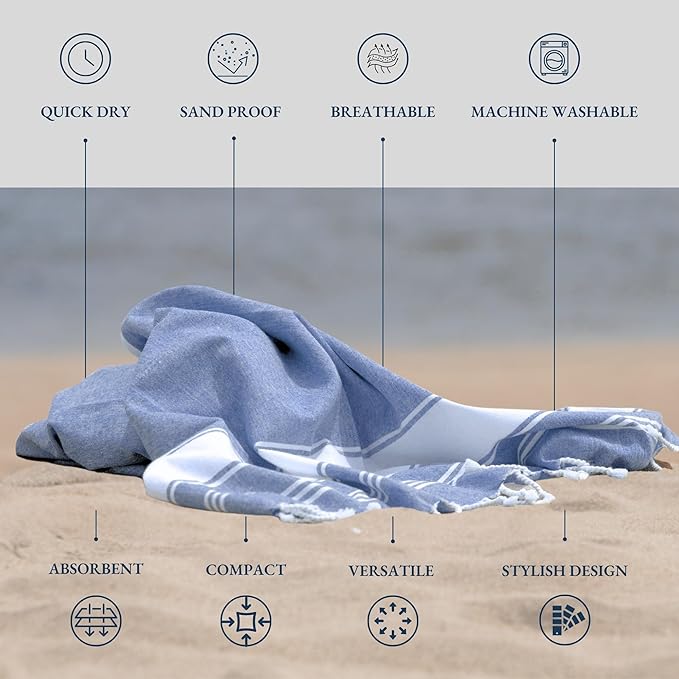 LANE LINEN Beach Towels 4 Pack Oversized - Turkish Towel Set, Pre-Washed Oversized Beach Towel, Quick Dry Beach Towels for Travel, Beach Towel Large, Sand Free Towel,39"x71" - Forever Blue