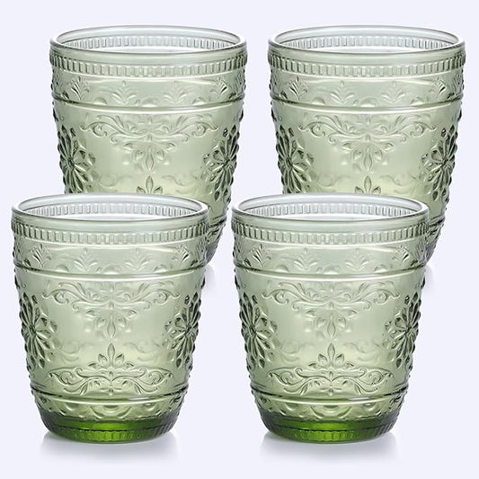 4Pcs Green Drinking Glassware, 10OZ Drinking Glasses, Heavy Duty Glass Cups, Colored Embossed Glasses Set for Party Wedding Home Office Glassesware Gift