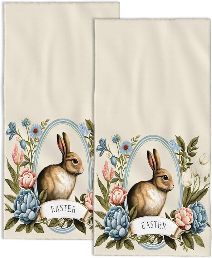 Hand Towels for Bathroom Set of 2,Vintage Easter Bunny Flowers Hand Towels Decorative Soft Bathroom Towels for Kitchen Guest Gym Spa 14x28in