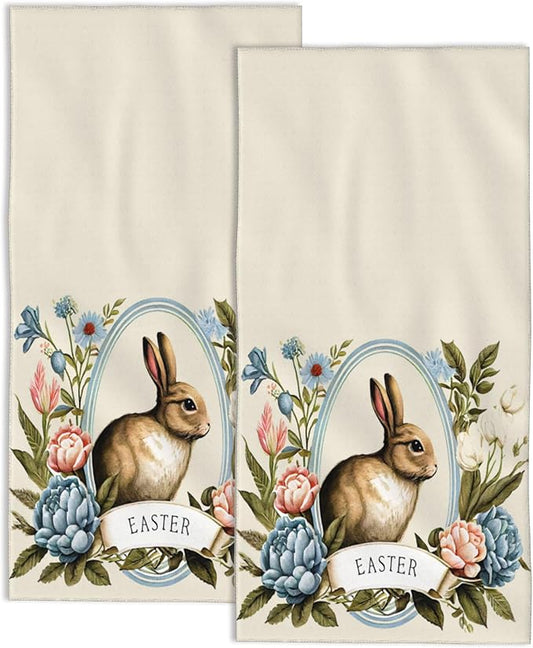 Hand Towels for Bathroom Set of 2,Vintage Easter Bunny Flowers Hand Towels Decorative Soft Bathroom Towels for Kitchen Guest Gym Spa 14x28in