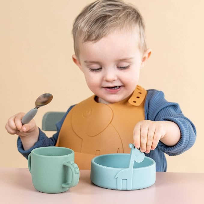 Done by Deer Easy-grip Cutlery Set Deer Friends Grey - Toddler Spoon, Fork and Knife with Soft Silicone Anti-Slip Handles - Sturdy Design for Rough Handling - Comes in Beautiful Gift Box