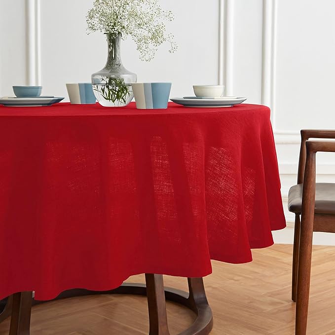 Solino Home Linen 60 Inch Round Tablecloth - 100% Pure Linen Red Round Tablecloth - Machine Washable Table Cloth for Valentines, Holiday, New Year - Sonoma