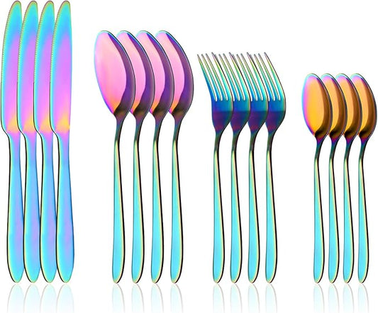 16PCS Rainbow Silverware Set, Stainless Steel Colorful Cutlery Set Include Knife Fork Spoon, Mirror Polished Reusable Tableware Utensil Sets for Home Restaurant Kitchen(Dishwasher Safe)