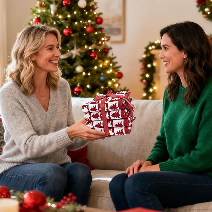 Jacquotha Christmas Hand Towels for Bathroom - 4-Piece Red Checkered & Tree Kitchen Towels, Festive Decor and Everyday Use, Cotton, 13” x 29”